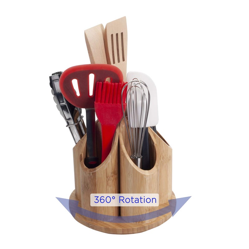 MobileVision Bamboo Circular Rotating Utensil Holder & Kitchen Organizer, 5 Sections, Store Forks, Spoons, Knives, Serving Utensils, and Other Cooking Tools - Image 1